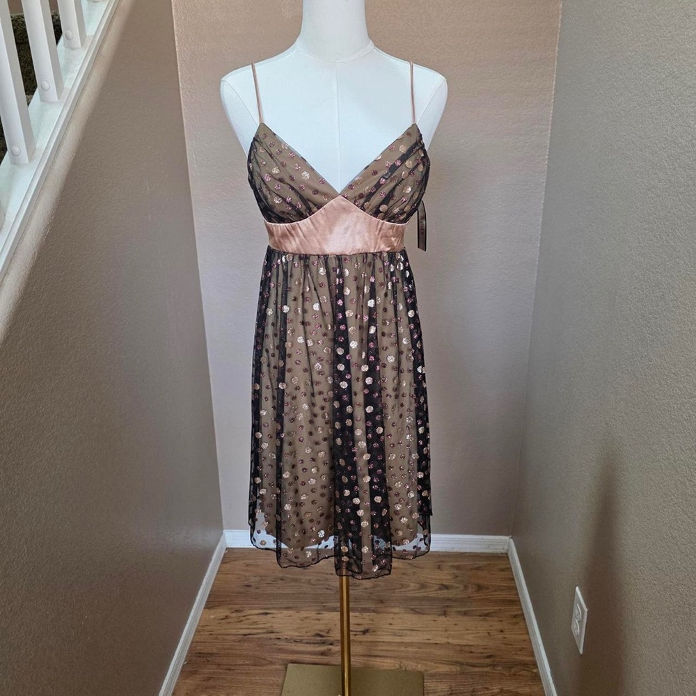 A. Byer Pink and Brown Polka Dot Mesh Midi Slip Dress